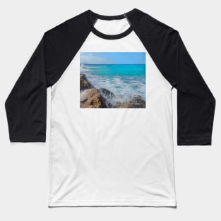 Rocky beach horizon, On the rocks, ocean waves surfing the rocks of a splashing dashing restless Caribbean Sea Baseball T-Shirt